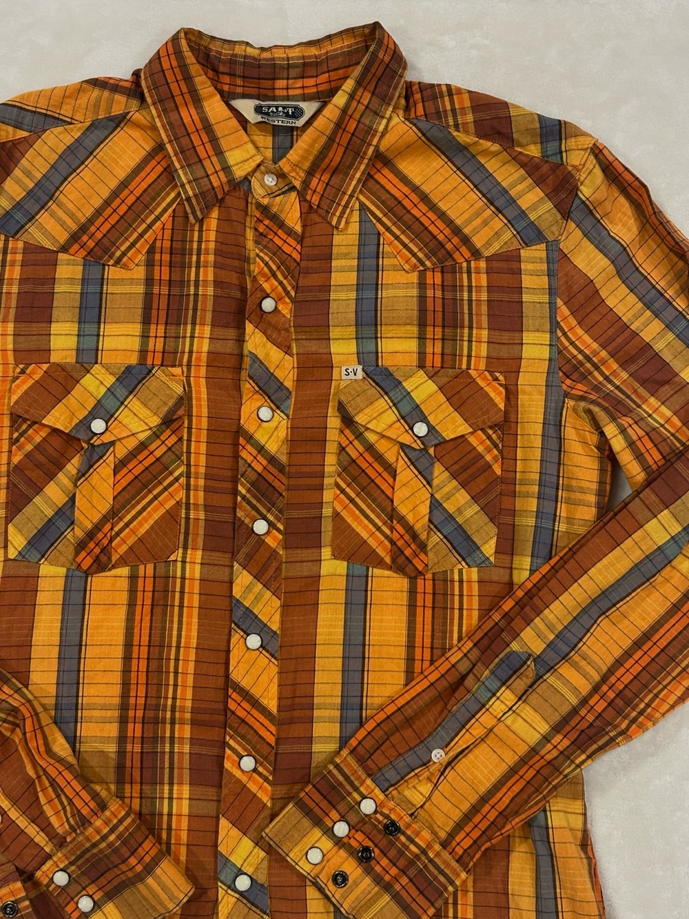 Salt Valley Western shirt snap button down plaid men’s medium orange yellow